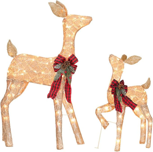 2 Pcs Reindeer Christmas Decoration, Xmas Lighted Golden Shimmering Doe and Fawn Display Set with 105 Warm White Lights for Yard Lawn Indoor Outdoor-Ruum Studio Home
