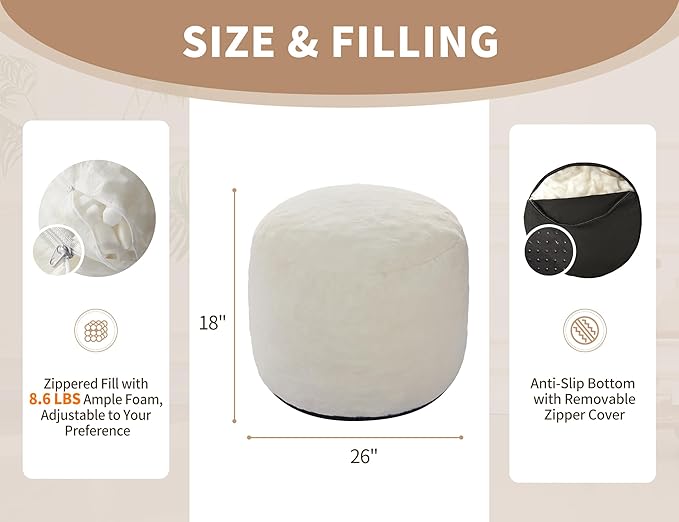 Pouf Ottoman Foot Rest 26"x18" Footstools and Ottomans Small with Filling Cream Small Beige Ottoman Foot Rest Ivory Poofy Ottom Stool Soft Poofs/Ottomans Furniture Living Room Ottom Footstool-Ruum Studio Home