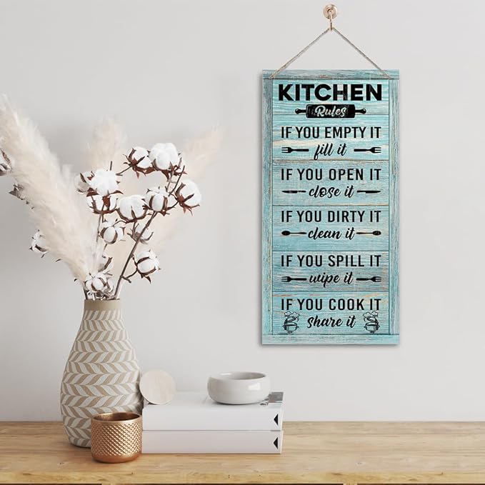 Hanging Kitchen Rules Wood Decor Sign, Rustic Kitchen Wooden Signs, Printed Wood Wall Art Sign, Kitchen Door Rules Rustic Sign, Hanging Wood Sign Kitchen Decor, Funny Farmhouse Kitchen Wall Décor C1-Ruum Studio Home