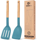 Pack of 2 Silicone Cooking Spatula, Heat Resistant Solid Turner, Non Stick Slotted Spatulas with Wooden Short Handle,Ideal Wood Kitchen Utensils Set for Frying, Baking, Flipping, Turning-Ruum Studio Home