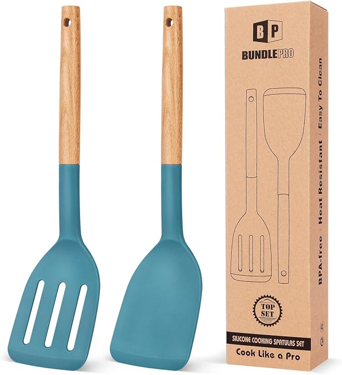 Pack of 2 Silicone Cooking Spatula, Heat Resistant Solid Turner, Non Stick Slotted Spatulas with Wooden Short Handle,Ideal Wood Kitchen Utensils Set for Frying, Baking, Flipping, Turning-Ruum Studio Home