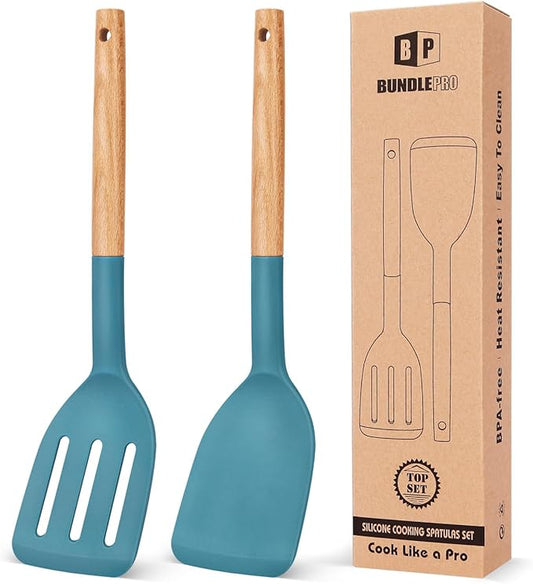 Pack of 2 Silicone Cooking Spatula, Heat Resistant Solid Turner, Non Stick Slotted Spatulas with Wooden Short Handle,Ideal Wood Kitchen Utensils Set for Frying, Baking, Flipping, Turning-Ruum Studio Home