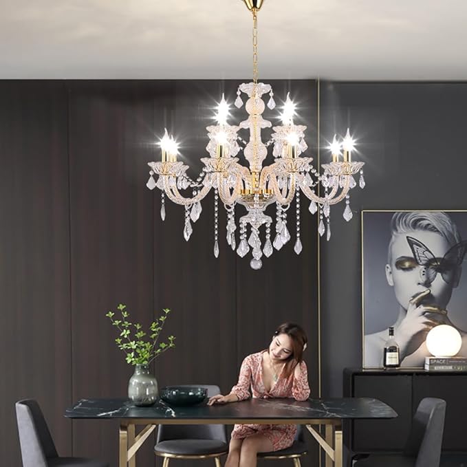 Contemporary Crystal Chandelier 12 Lights Clear Crystal Ceiling Lights for Living Room，E12 Base Double Layered Pendant Light Fixture for Dining Room Staircase, Hallway-Ruum Studio Home