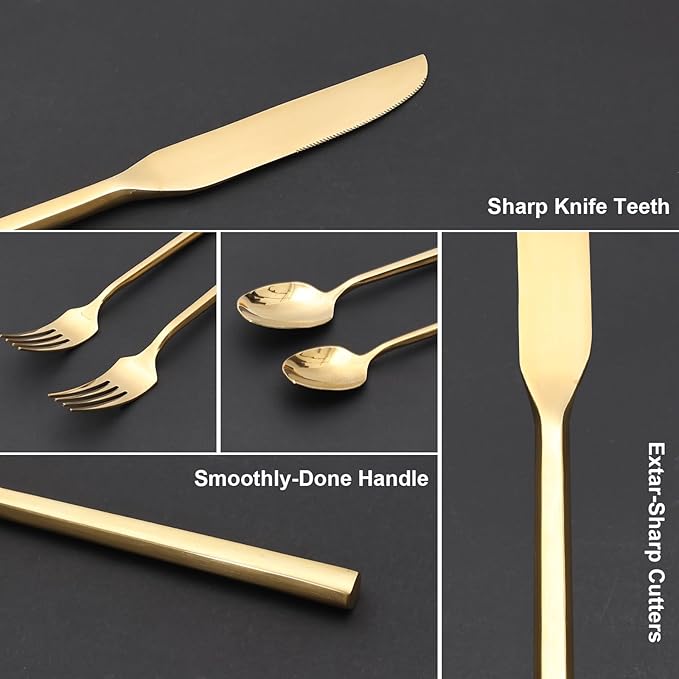 Gold 20 Piece Stainless Steel Silverware Set, Handle Flatware, Modern Mirror Finish Cutlery Set, Service for 4, Dishwasher Safe-Ruum Studio Home