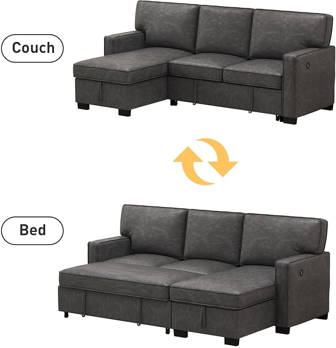 EBELLO Convertible Sleeper Sofa 3 in 1, Faux Leather Modern L-Shaped Couches for Living Room, Pull Out Sectional Futon Sofa Bed with Storage Space, USB Ports and Cup Holders for Bedroom-Ruum Studio Home