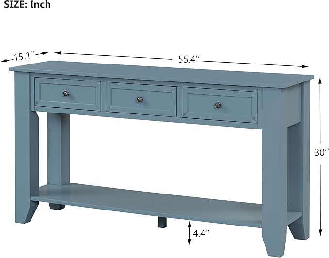 Farmhouse Modern Entryway Console Table 55.4'' Long Entry Sofa Table with Drawers & Storage Shelf for Living Room Hallway, Blue-Ruum Studio Home