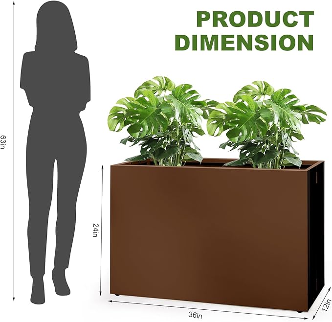 Galvanized Steel Planter Box-No Installation Required Metal Rectangular Block Long Box Planter Modern Outdoor Planters All-Weather Use with Drainage Holes for Patio/Porch, 36×24×12IN（Brown）-Ruum Studio Home
