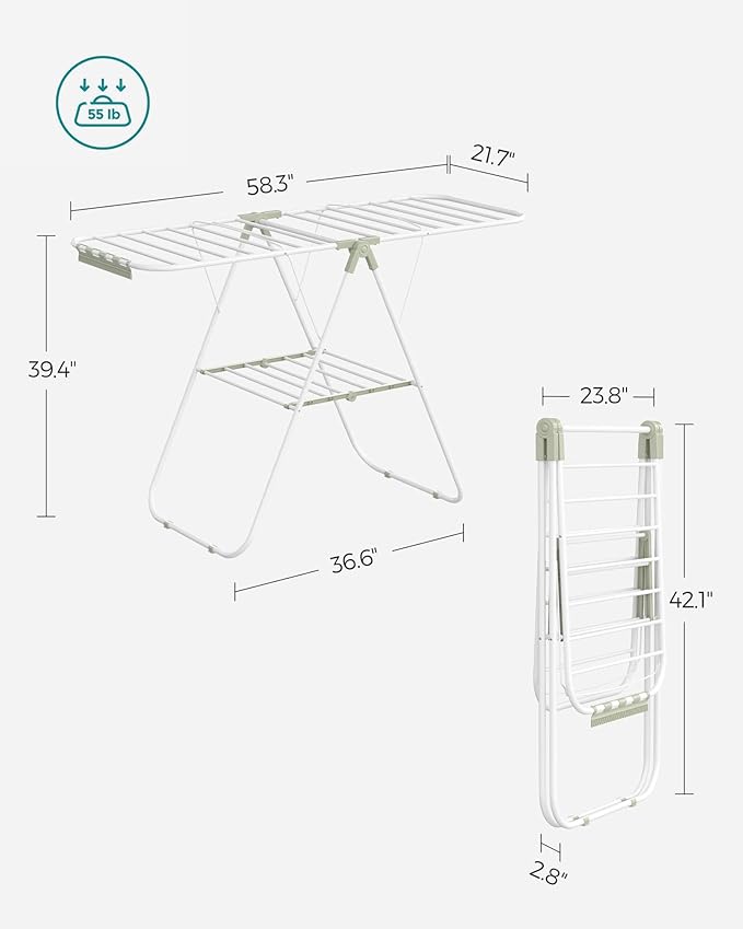 SONGMICS Clothes Drying Rack, with Sock Clips, Metal Laundry Rack, Foldable, Space-Saving, Free-Standing Airer, with 2 Height-Adjustable Gullwings, Indoor Outdoor Use, White and Green ULLR052C01-Ruum Studio Home