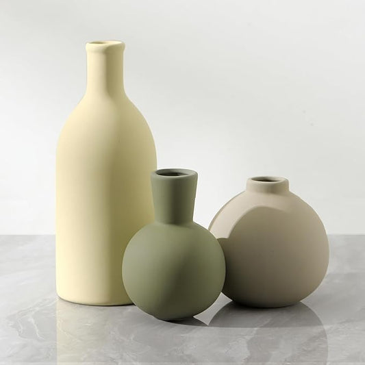 Vase Set of 3, Ceramic Vases Home Decor Flower Decorative Table Decor Vase Pottery Neutral Vases for Tray Table Mantel Living Room Kitchen Bedroom Bathroom Entryway -Light Color-Ruum Studio Home