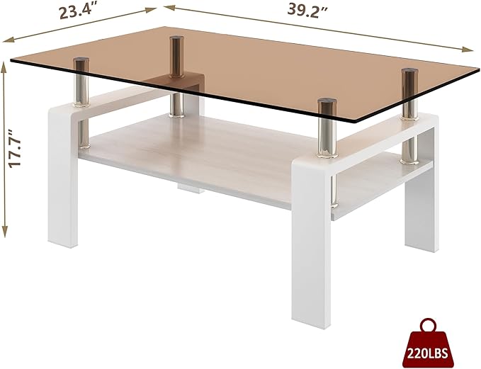 Glass Coffee Table Rectangle Living Room Center Table, with Brown Tempered Glass Tabletop and White MDF Layer,for Living Room and Office, Brown+White-Ruum Studio Home