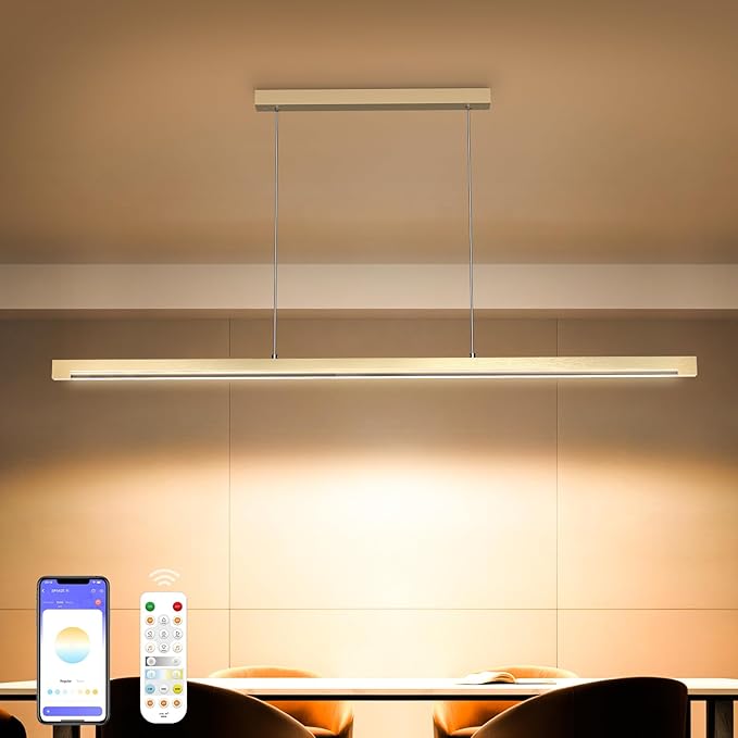 40W Gold Linear Pendant Light Aluminum, 54" Dimmable Kitchen Island Lighting with Remote & App Control, Adjustable CCT (3000K-6000K), Dining Room Chandelier for Home Office Study-Ruum Studio Home