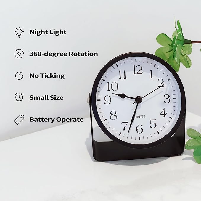 Small Desk Analog Alarm Clock Battery Powered Mini Metal Nightstand Shelf Clock with Light Side Table Decor Mid Century Cute Alarm Clock for Heavy Sleepers Bedrooms Desktop Living Room Bathroom-Ruum Studio Home