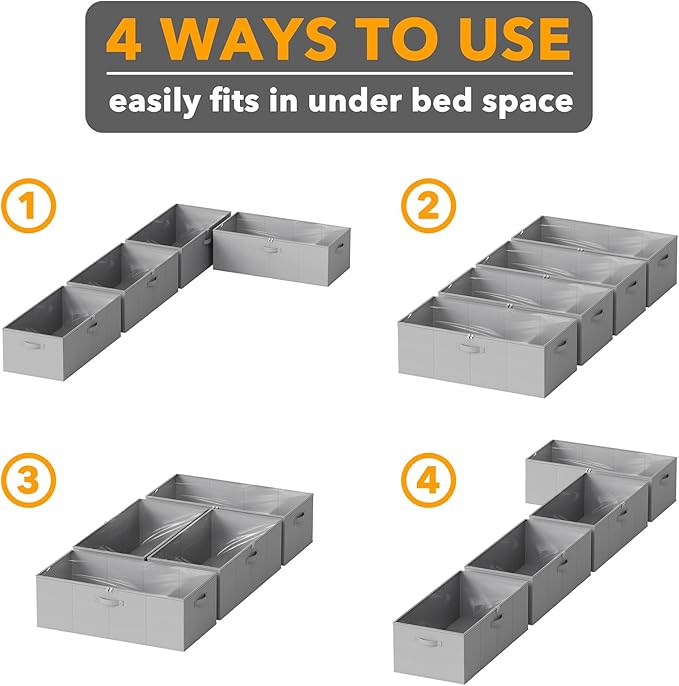 SpaceAid 4 Pack 10" High Under Bed Storage Containers, Large Underbed Storage Organizer Bins with Lids for Bedroom, Dorm, Clothes, Closet Organization, Bed Sheets and Blankets (Gray)-Ruum Studio Home