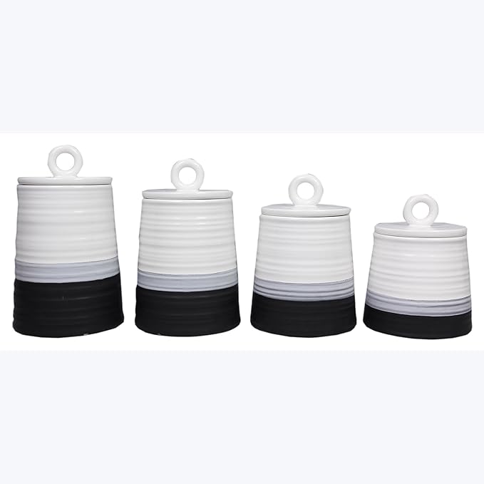 Young's Inc. 4 Pcs Set Rustic Modern Ceramic Canisters- Storage Container for Kitchen and Bathroom - Beautiful Home Decor Accent to Store Food, Coffee, Tea, and More - Black, White-Ruum Studio Home