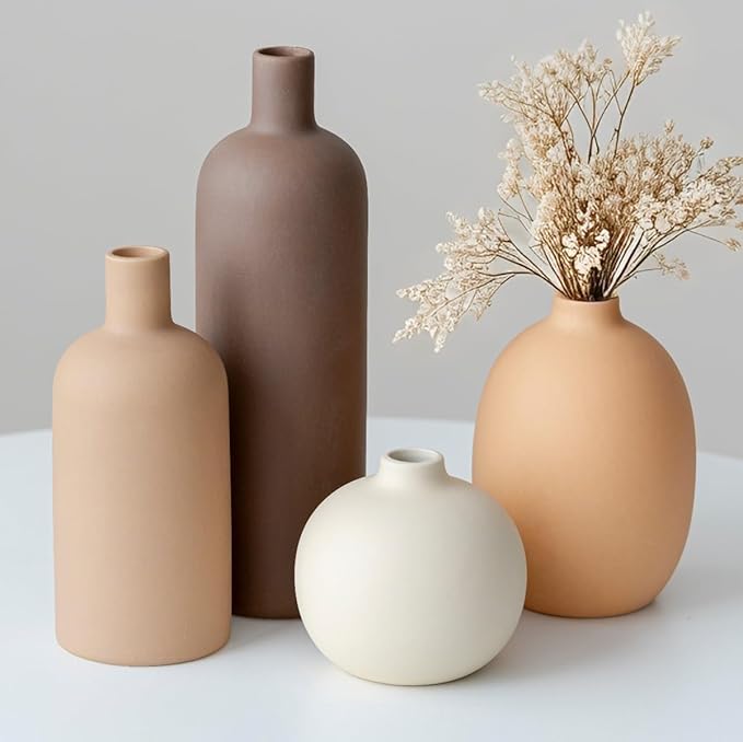 Modern Ceramic Vase Set, Neutral Colors, Decorative Vases for Home Shelf Decor, 4 Piece Collection (Coffee Mix Set 4)-Ruum Studio Home