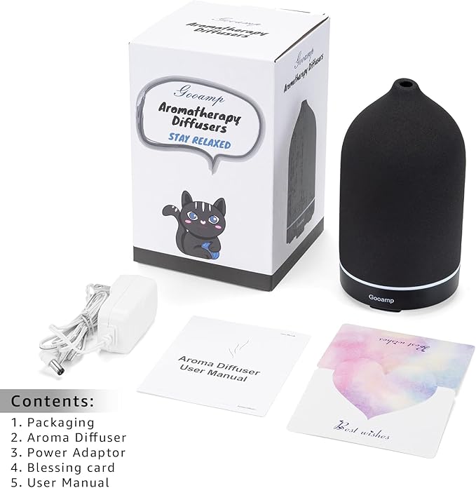 200ML Ceramic Essential Oil Diffuser - Ultrasonic Aromatherapy & Humidifier with 7-Color LED Lights, Auto Shut-Off, Black, 1H/3H/6H Timer | Scent for Home, Office, Yoga-Ruum Studio Home