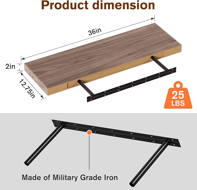 Floating Shelf, Set of 2 Wall Shelf, 36 in W x 12.75 in D x 2 in H Wooden Floating Wall Shelf with Invisible Brackets for Living Room/Bedroom/Bathroom/Kitchen Storage and Decor, Walnut-Ruum Studio Home