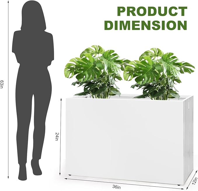 Galvanized Steel Planter Box-No Installation Required Metal Rectangular Block Long Box Planter Modern Outdoor Planters All-Weather Use with Drainage Holes for Patio/Porch, 36×24×12IN（White）-Ruum Studio Home