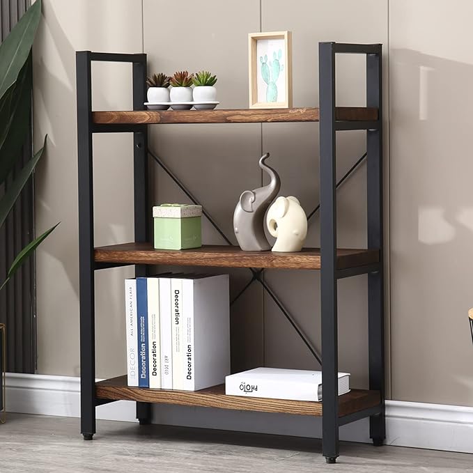 Natural Real Solid Wood Bookcase,3 Tier Metal and Wood Open Book Shelf Storage Farmhouse Wide Etagere Bookcase for Office Living Bedroom-Ruum Studio Home