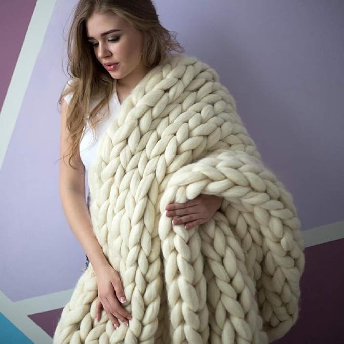 Chunky Knit Blanket Hand Made Merino Wool Throw Boho Bedroom Sofa Home Decor Giant Yarn(Ivory White 47"x71")-Ruum Studio Home