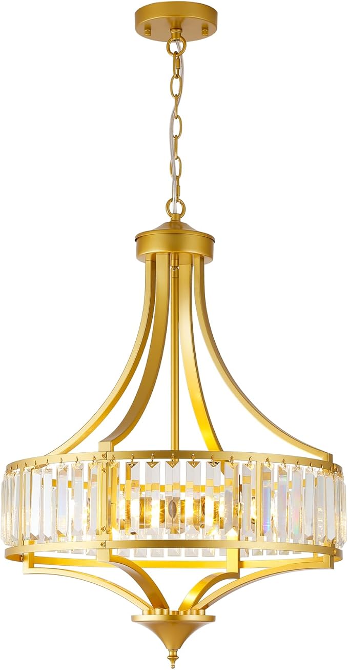 Modern Gold Crystal Chandelier, 20 Inch Large Ceiling Pendant Light Fixture with 50'' Adjustable Hanging Chain, 5-Light Farmhouse Chandelier for Dining Room, Living Room, Bedroom, Entryway-Ruum Studio Home