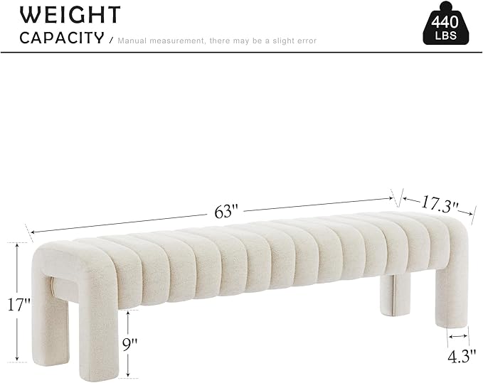 63" Bedroom Bench, Upholstered Entryway Bench, Modern End of Bed Ottoman with Solid Wood Legs and Adjustable Foot Pegs for Entryway, Dining Room and Living Room (Beige Linen)-Ruum Studio Home