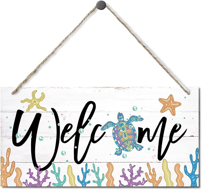 Welcome Decor Sign, Hanging Wood Sign Home Decorative, Printed Wood Wall Art Sign, Ocean Style Welcome Sign, Porch Decor, Farmhouse Front Door Wall Art Sign, Beach House Home Decor Sign 12 * 6inch-Ruum Studio Home