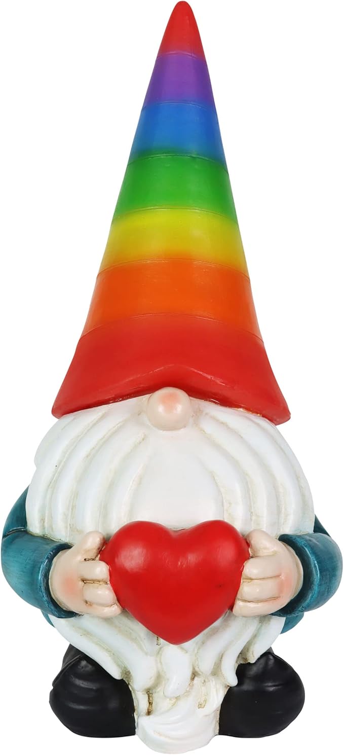 Exhart Garden Gnome, Solar Garden Gnome Statue with Heart, LED Rainbow Hat, Cute Outdoor Garden Decoration, 6 x 12.5 Inch, Multicolor, Resin-Ruum Studio Home