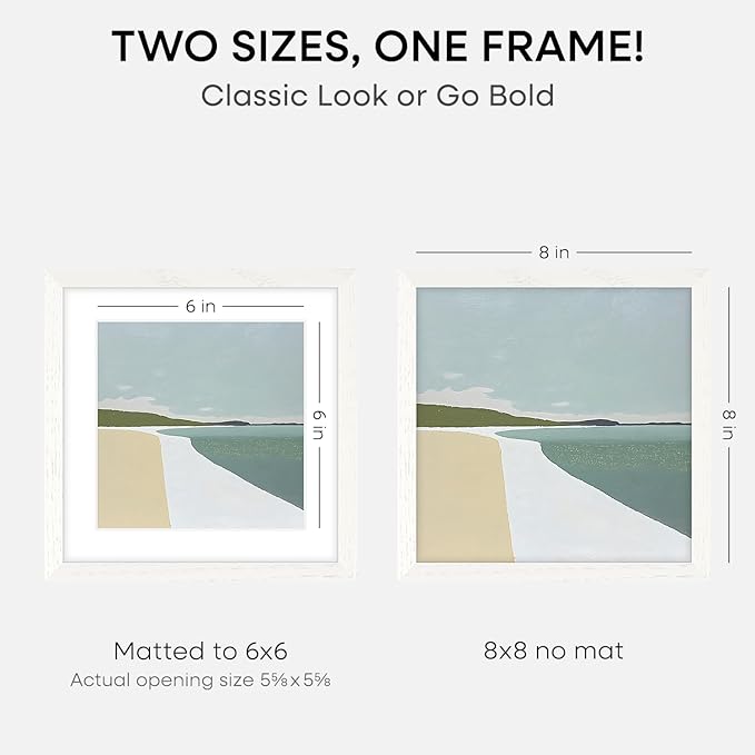 Homeforia 8x8 Picture Frames White, High-End Oak 8 x 8 Square Wood Frame with Mat 6 by 6 Photo, 8x8 Wooden Frames Matted to 6x6 Print, 8by8 Wall or Tabletop Frame, Tempered Glass, Wall Kit, Set of 1-Ruum Studio Home