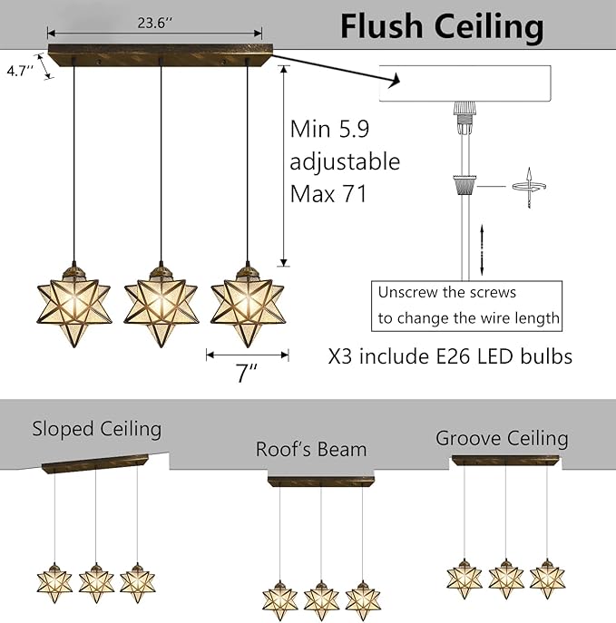 Glass Glam Chandelier 3 Lights Star Pendants Light Fixture for Dining Table Kitchen Island Modern Ceiling Hanging Lights Included LED Warm Light Bulbs Oiled Bronze-Ruum Studio Home