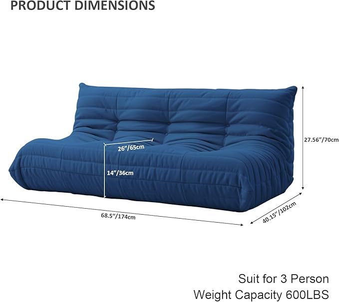 Luxury Sofa Couch Chair, Lazy Floor Seating, Fireside Bean Bag Chair, Ergonomic Tatami Sofa Lounger for Living Room, Bedroom, Office, 3 Seat, Blue-Ruum Studio Home