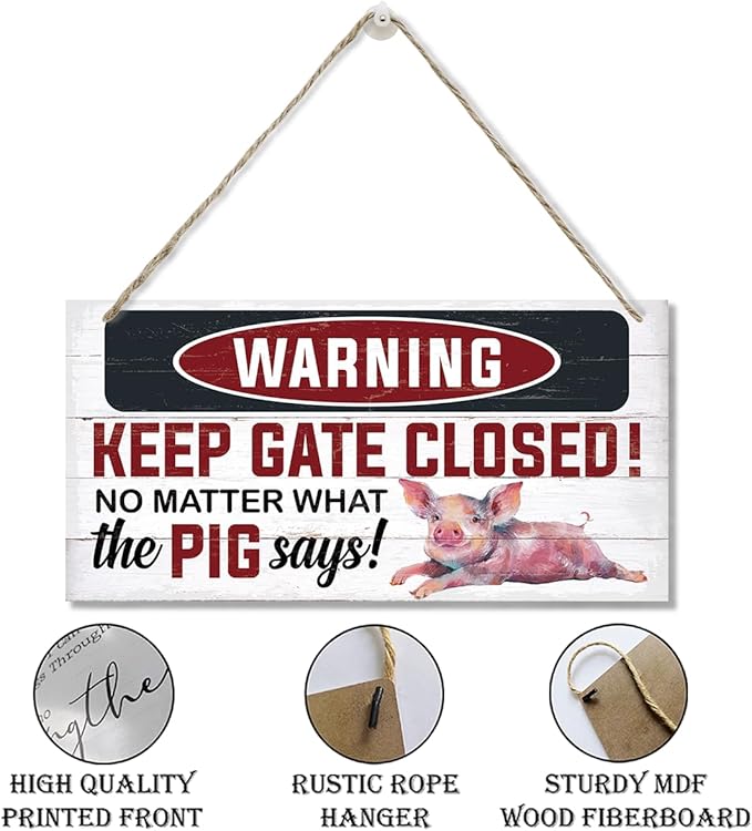 Rustic Warning Gate Plaque - Decorative Wooden Pig Sign for Farm Fence & Wall Gate Decor-Ruum Studio Home