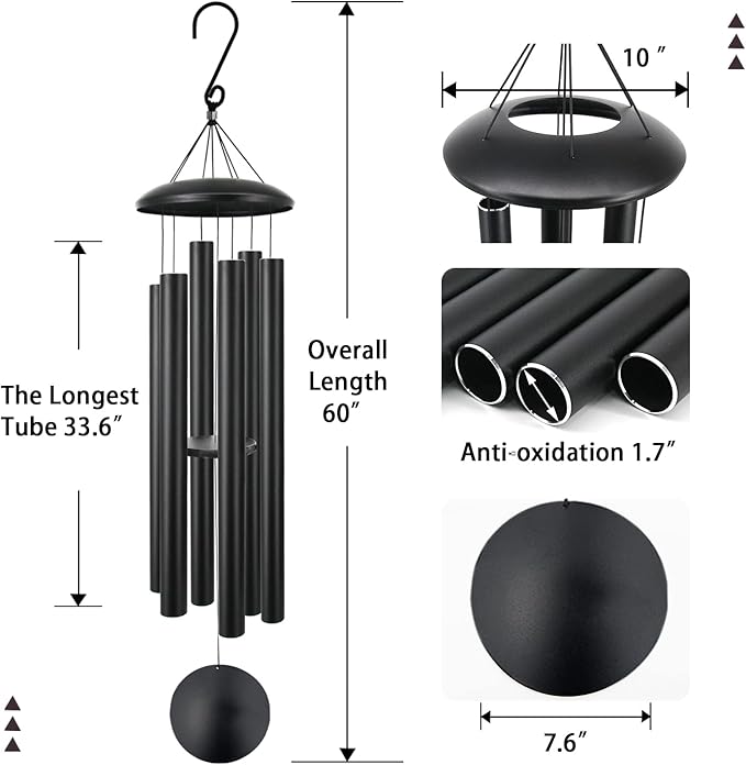 ASTARIN 60" Extra Large Wind Chimes Outside Metal WindChimes with Deep Tone, Outdoor Bass Windchimes for Patio Balcony Garden Yard Decoration,Black-Ruum Studio Home