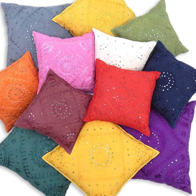Eyes of India Embroidered Decorative Boho Throw Pillow Cover with Mirrors, Handmade Bohemian Accent Cushion Case for Sofa Couch Bedroom Living Room (Blue, 16" x 16")-Ruum Studio Home