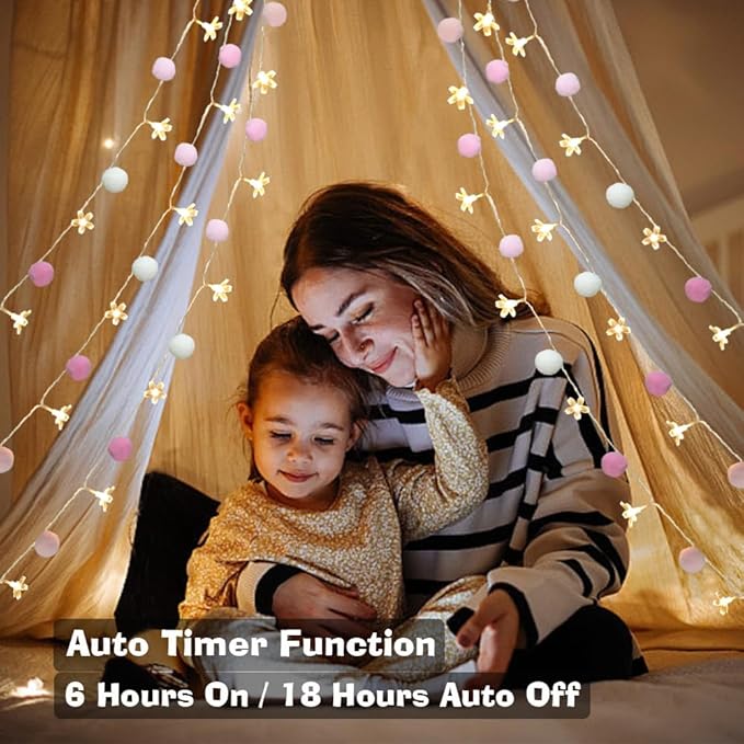9.85Ft Fairy Lights 20 Cute Pink Pompoms 20 LEDs Cherry Blossom String Garland Battey Operated with Timer Flower Lights for Bedroom Kids Room Party Birthday Wedding Valentines Decoration-Ruum Studio Home