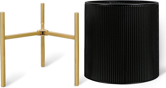 ARNIS Modern Plant Pots, Set of 2 Round Large Planters with Stand, Large Size Metal Pots with Drainage Holes for Living Room, Office, Garden or Balcony, 10.5 &12.25 Inch, Black & Gold-Ruum Studio Home