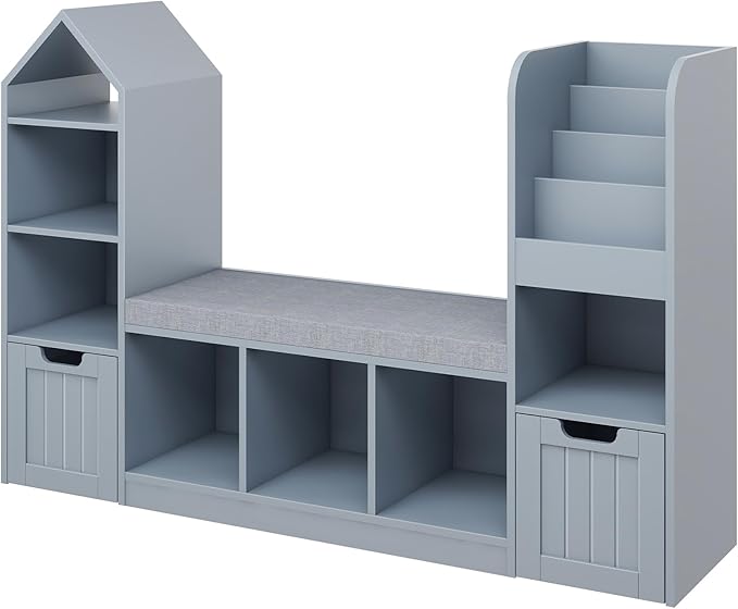 Vabches Toy Storage Organizer for Kids Bookshelf with Reading Nook, Multifunctional Bookcase with 7 Storage Cubbies, 2 Movable Drawers and Seat Cushion for Keeping Kids' Toys Books Organized, Grey-Ruum Studio Home