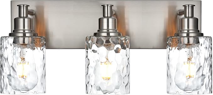 BONLICHT Bathroom Vanity Light Fixtures 3 Lights Modern Wall Sconce Brushed Nickel with Metal Base and Hammered Glass Shade, Industrial Farmhouse Bath Wall Lights for Hallway Kitchen Bedroom-Ruum Studio Home