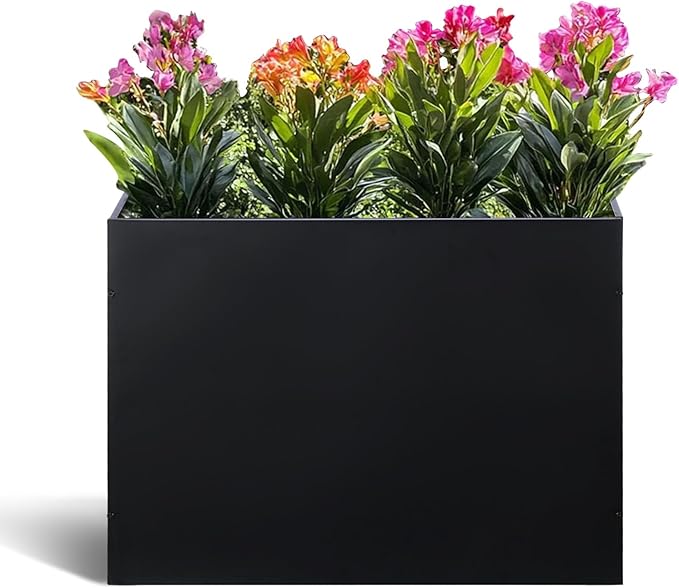 Metal Rectangular Planter Box Tall Planters for Outdoor Plants Modern Heavy Duty with Drainage Holes for Outside Indoor Patio Deck - Black, 32”x 12”x 24”-Ruum Studio Home