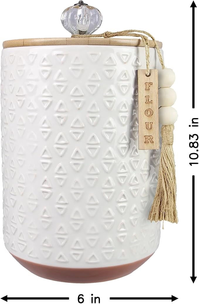Youngs 21207 Ceramic Canister with Wood Lid and Silicon Seal, Crystal Knob and Blessing Bead Tassel Accent, 4-piece Set-Ruum Studio Home