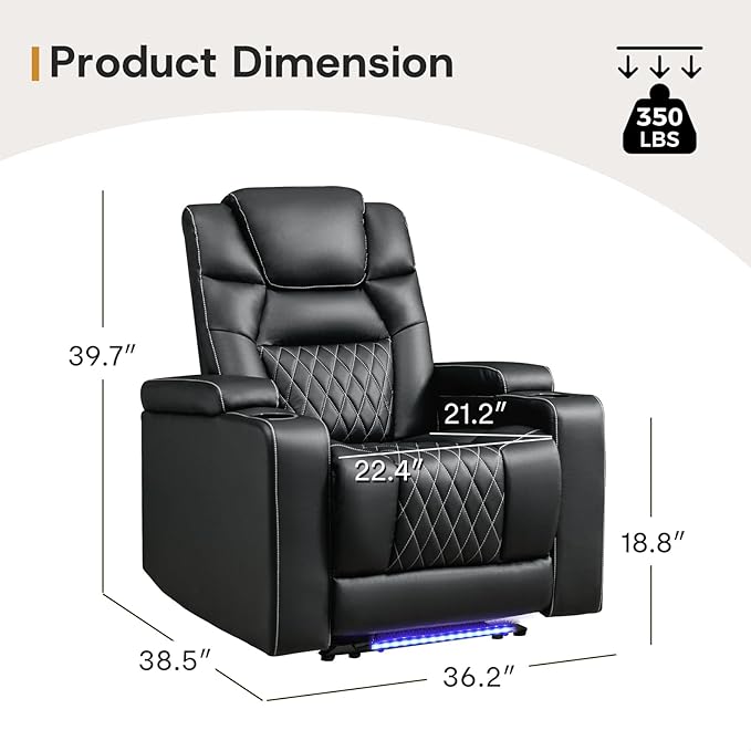ANJ Power Recliner Chair with USB Port, Electric PU Leather Home Theater Seating for Living Room, Movie Reclining Chairs with Blue Ambient Lighting, Hidden Arm Storage, Cup Holders (Black)-Ruum Studio Home