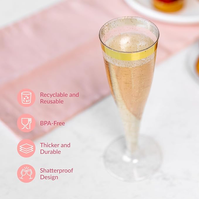 Prestee Set of 24 Plastic Champagne Flutes with Gold Rim - 4.5 oz - Shatterproof Disposable Glasses for Weddings, Cocktail Parties, and Outdoor Celebrations-Ruum Studio Home