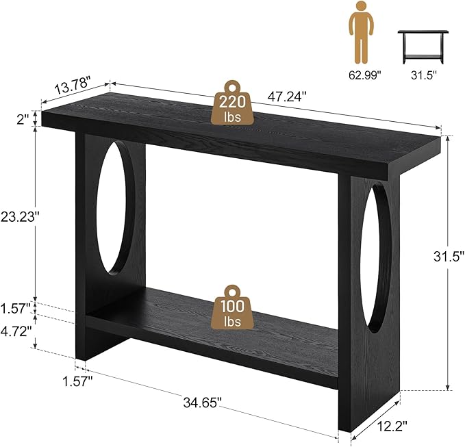 BECHAEO 47-Inch Modern Narrow Console Tables with Solid Wood Veneer - 2’’ Thickened Tabletop, 2-Tier Slim Sofa Table Behind Couch, Rectangle Entryway Table for Hallway Living Room, Black Oak-Ruum Studio Home