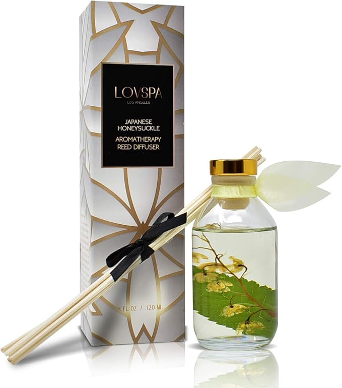 LOVSPA Reed Diffuser Set, Japanese Honeysuckle Scented Oil Diffuser with Sticks, Home Fragrance Accessories for Bathroom Shelf Decor, Aroma Diffusers for Home or Office Desk, USA Made-Ruum Studio Home
