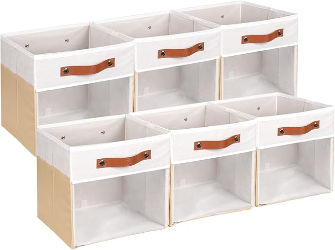 HNZIGE 11 Inch Foldable Fabric Storage Cubes - Clear Bins for Shelves, Canvas Cube Organizer Bins (White Beige 6 PCS)-Ruum Studio Home