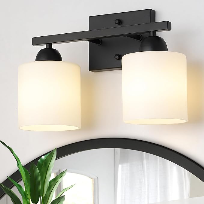 Milk Glass Vanity Lights for Bathroom, 2 Light Matte Black Bathroom Light Fixtures Over Mirror, Ceramic E26 Sockets Wall Mounted-Ruum Studio Home