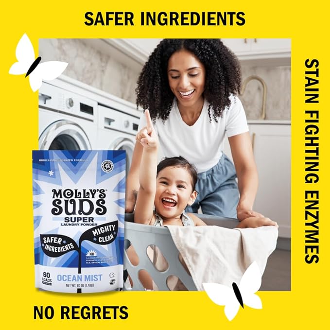Molly's Suds Super Powder Detergent | Extra Strength Laundry Soap, Stain Fighting | Sensitive Skin | Simple, Effective Ingredients | Ocean Mist, 120 Loads Total (2 Pack)-Ruum Studio Home