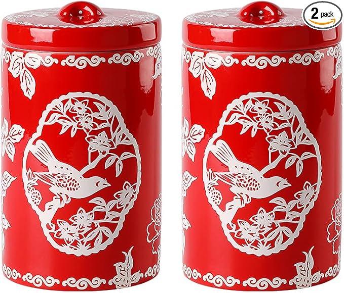 Porlien Bird Porcelain 15-ounce Canisters Set of 2, Food Storage Containers with Lid for Coffee Beans, Tea, Condiments & Nuts, Gifts for Mothers'Day-Ruum Studio Home