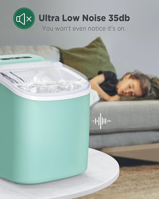 Silonn Countertop Ice Maker, 9 Cubes Ready in 6 Mins, 26lbs in 24Hrs, Self-Cleaning Ice Machine with Ice Scoop and Basket, 2 Sizes of Bullet Ice for Home Kitchen Office Bar Party, Green-Ruum Studio Home
