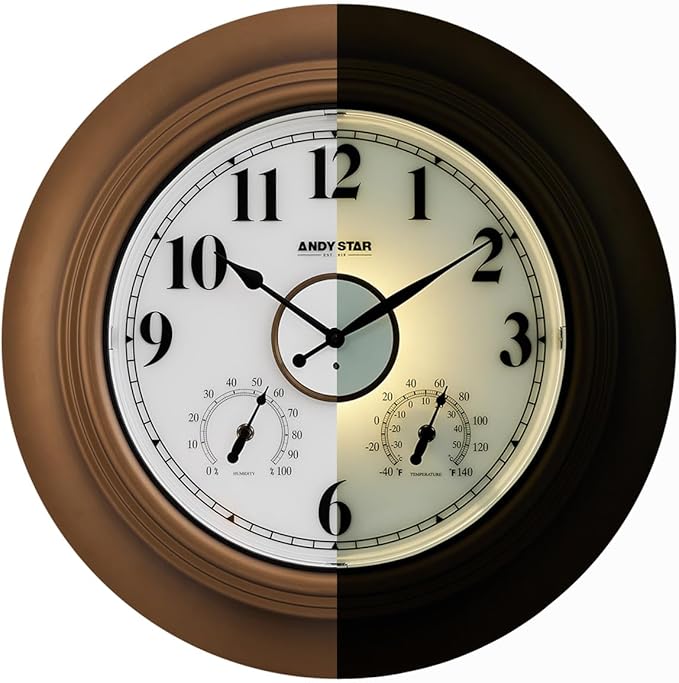 Andy Star 21 Inch Large Luminous Outdoor Wall Clock Waterproof with Temperature, Vintage Round Wall Clocks Battery, Oversized Pool Clock for Garden Patio Rustic Bronze Finish Silent Non Ticking Clock-Ruum Studio Home